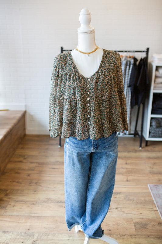Teal/Clay Floral Tiered Blouse