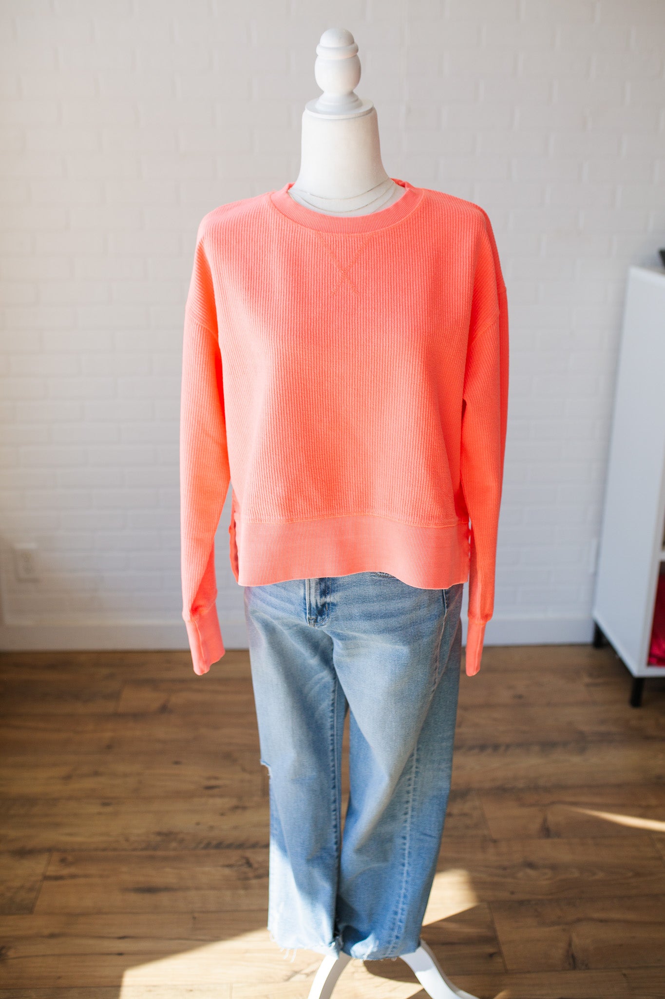Neon Coral Side Slit Corded Crew