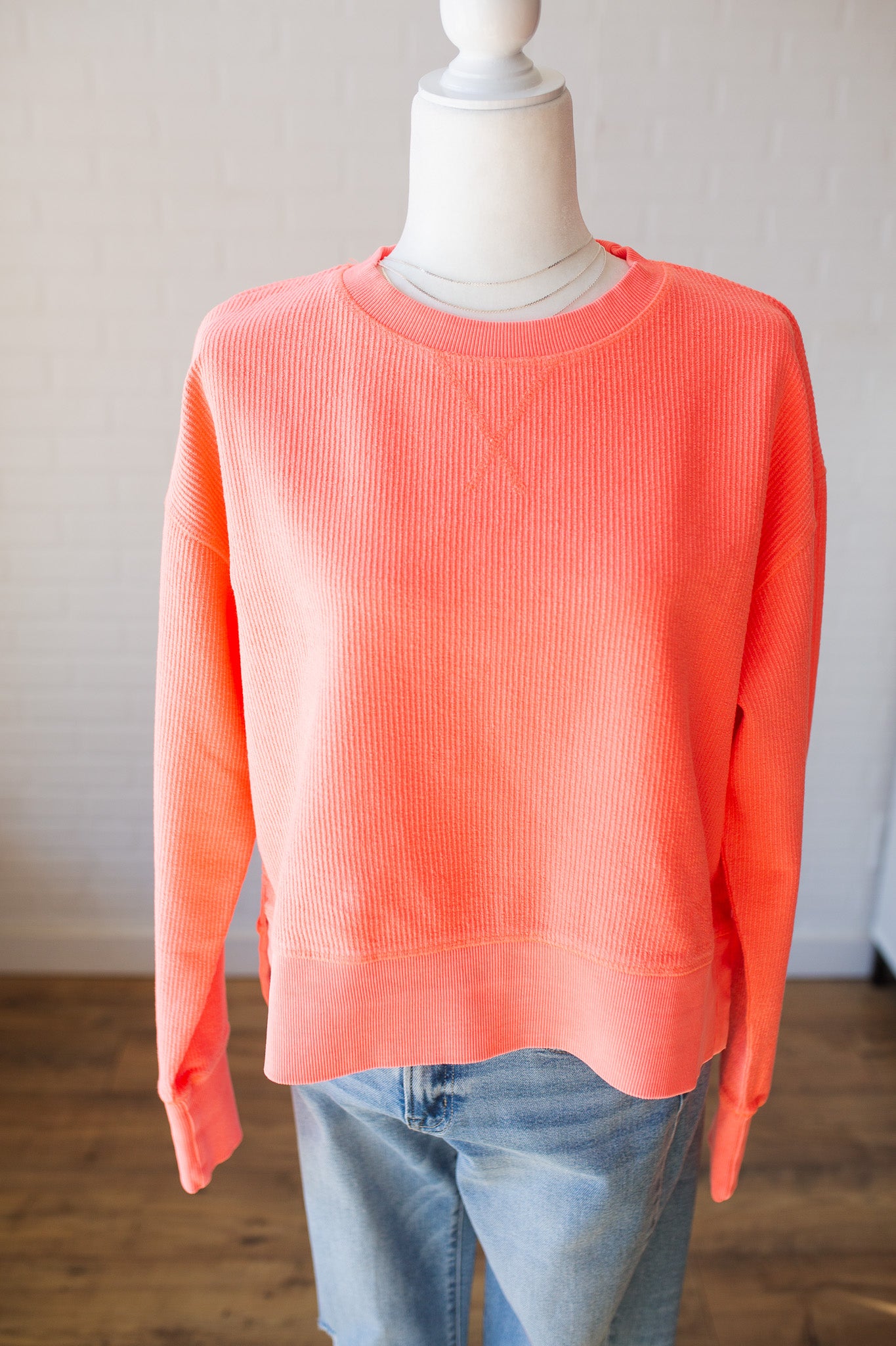 Neon Coral Side Slit Corded Crew