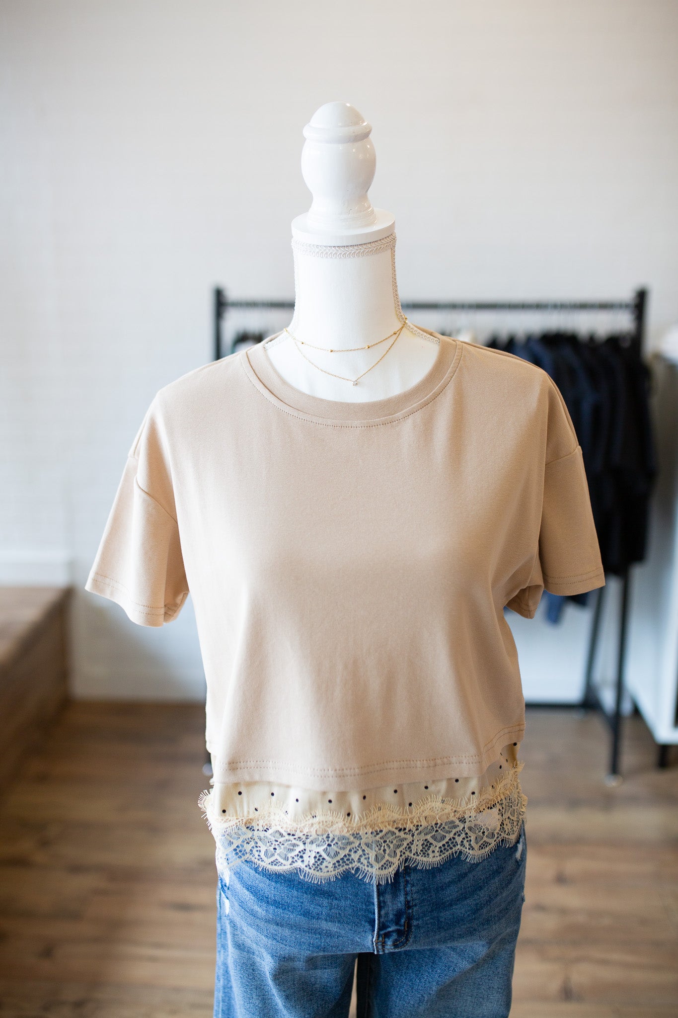 Taupe Polka Dot Lace Tee
