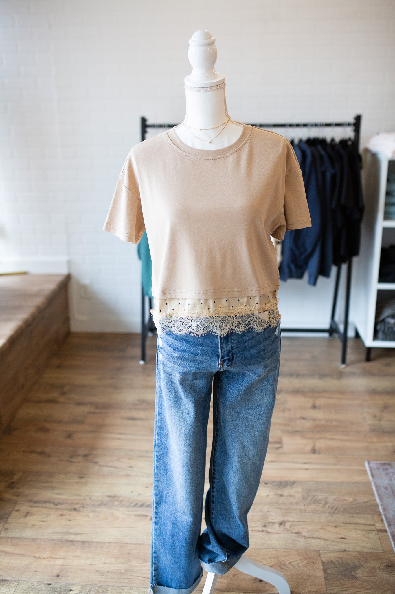 Taupe Polka Dot Lace Tee