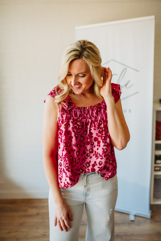 Pink Square Neck Floral Top