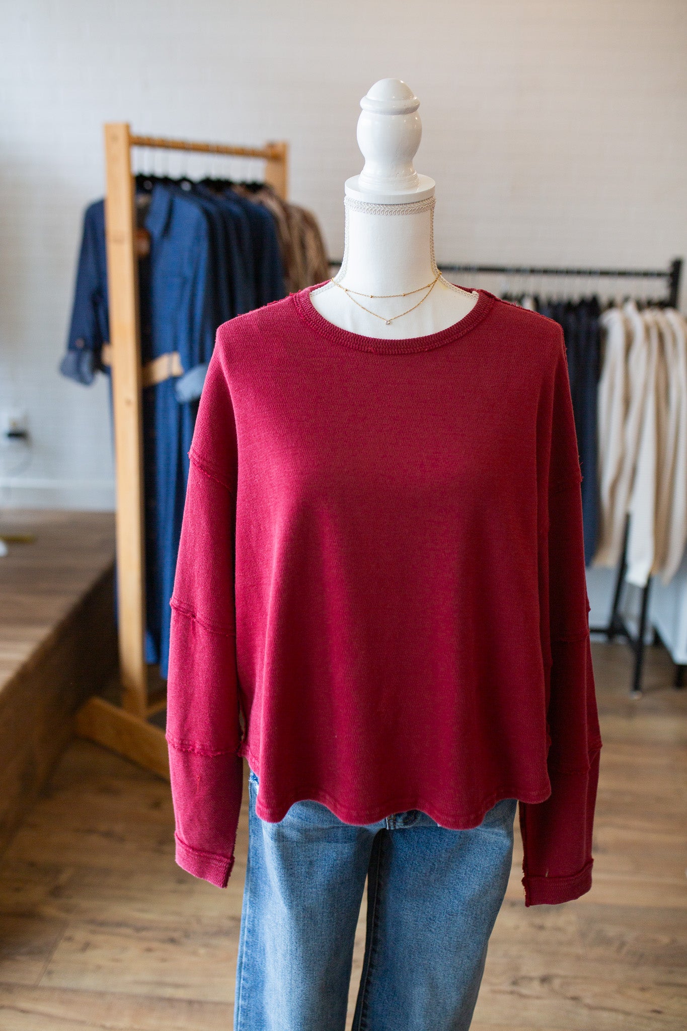 Dk Red Raw Edge Crew Neck