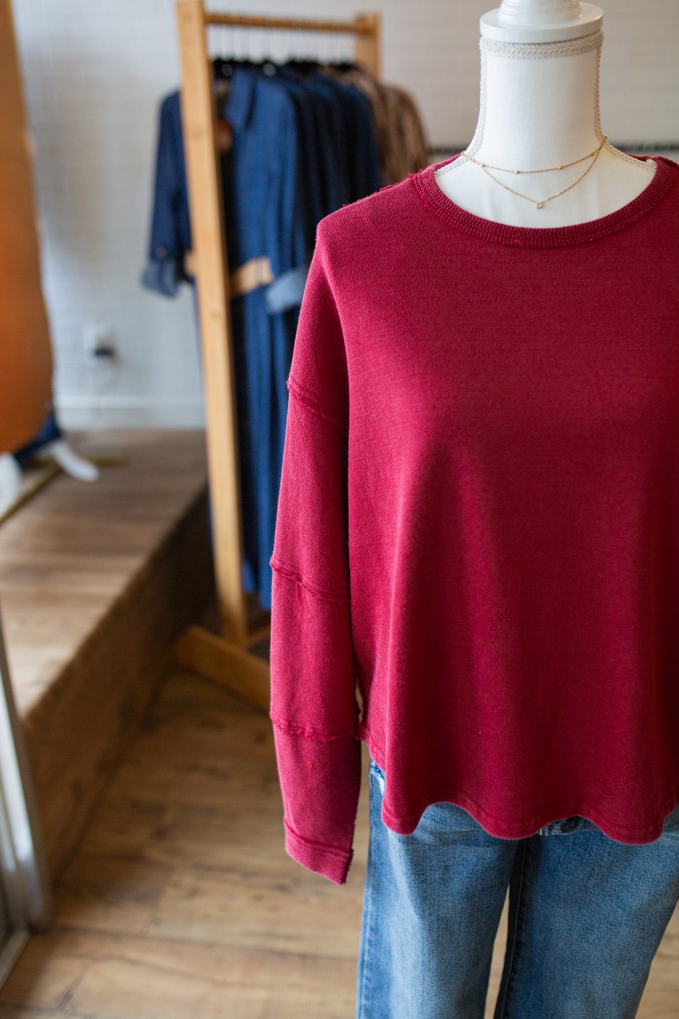 Dk Red Raw Edge Crew Neck