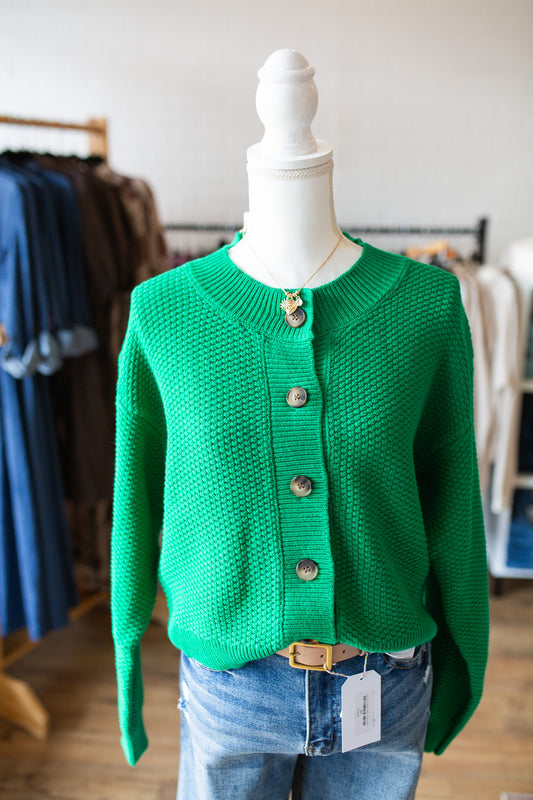 Green Textured Button Front Cardigan Sweater