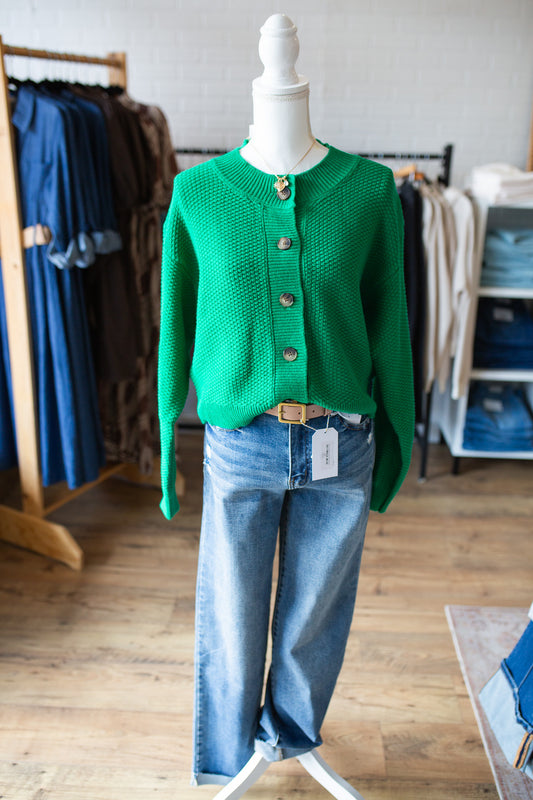 Green Textured Button Front Cardigan Sweater