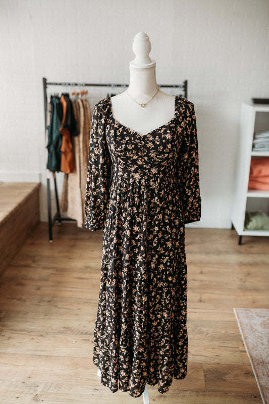 Black Ruched Floral Dress