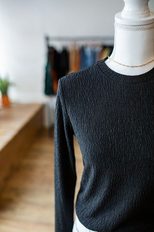 Black Textured Basic Long Sleeve