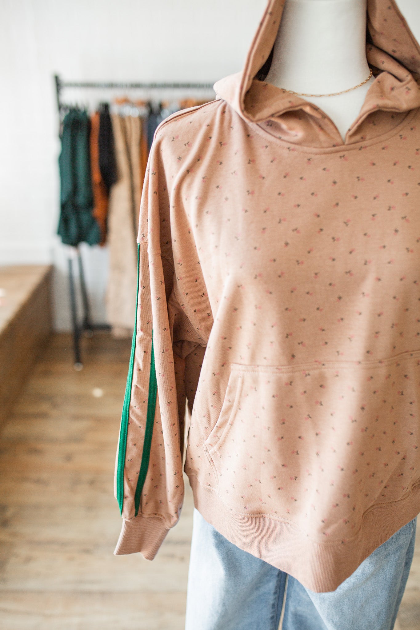 Floral Print Green Stripe Hoodie