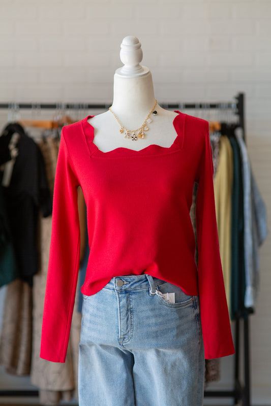 Red/Camel Scalloped Top
