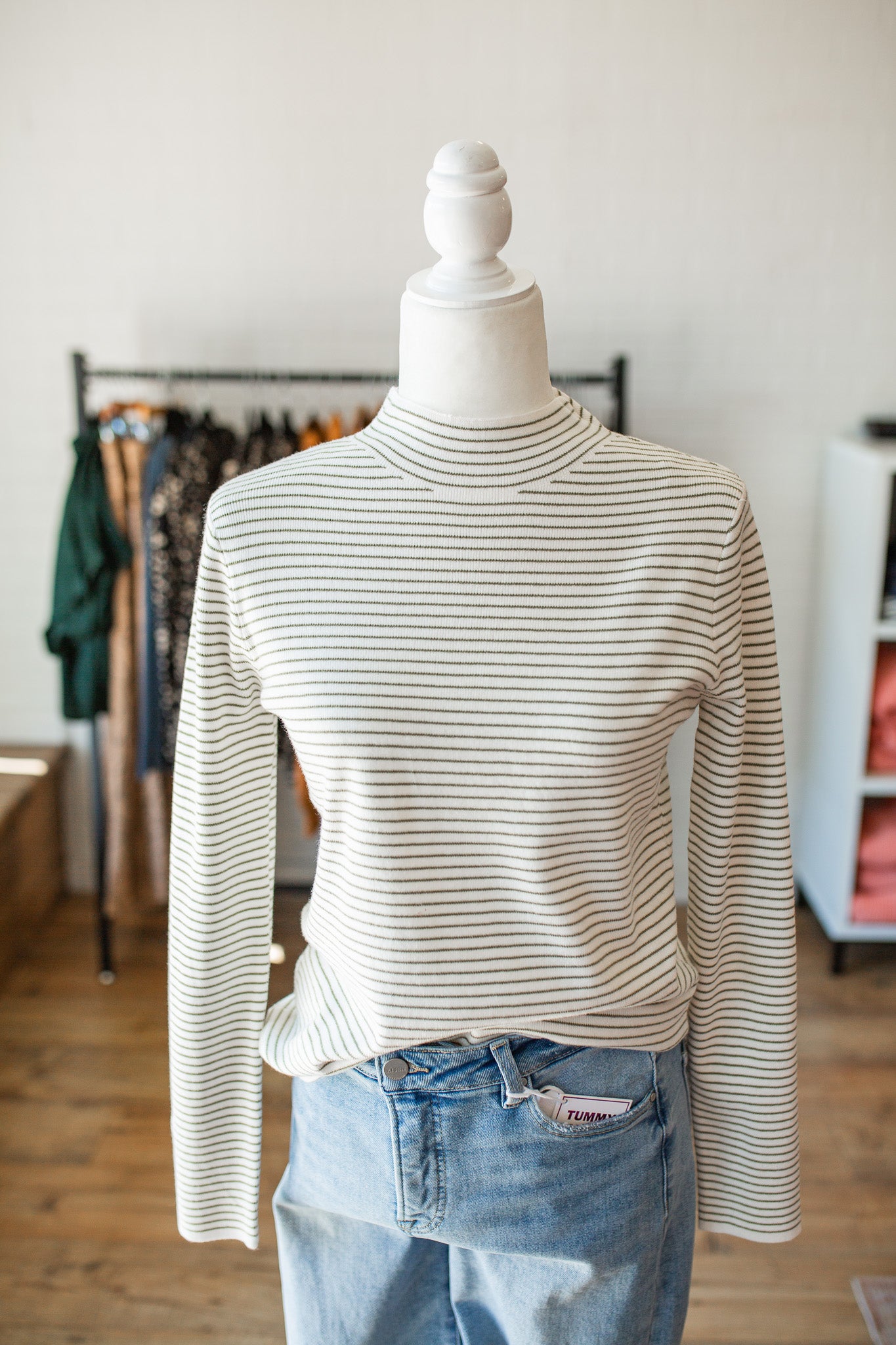 Olive/Ivory Pinstripe Mock Neck
