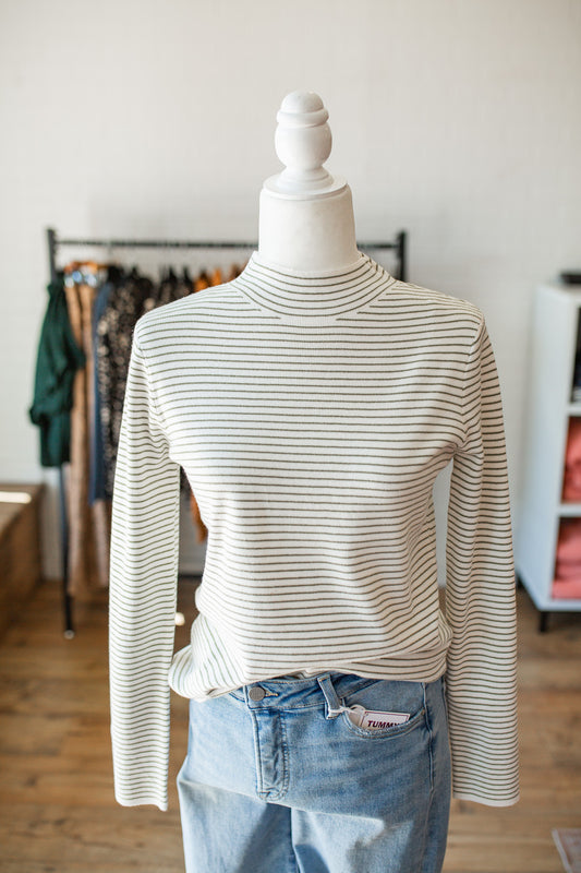 Olive/Ivory Pinstripe Mock Neck