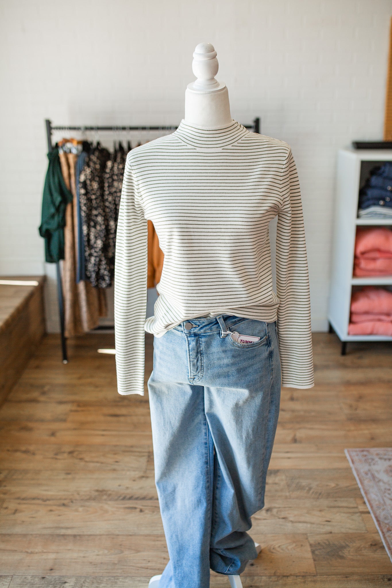 Olive/Ivory Pinstripe Mock Neck