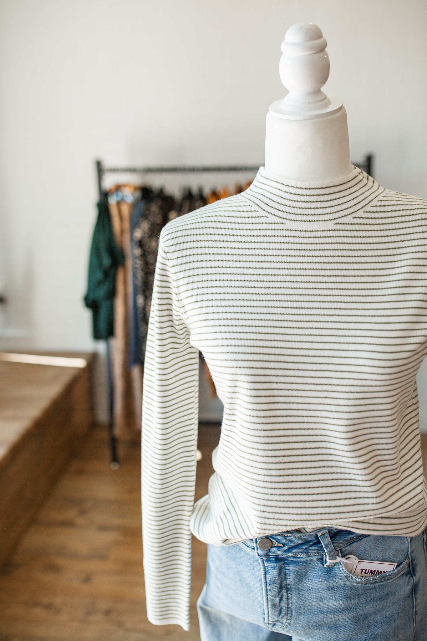 Olive/Ivory Pinstripe Mock Neck