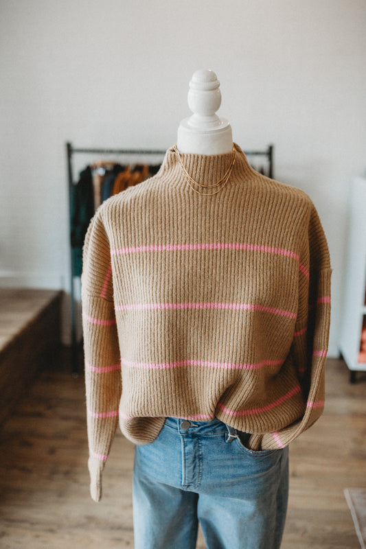 Taupe/Pink Mock Neck Sweater