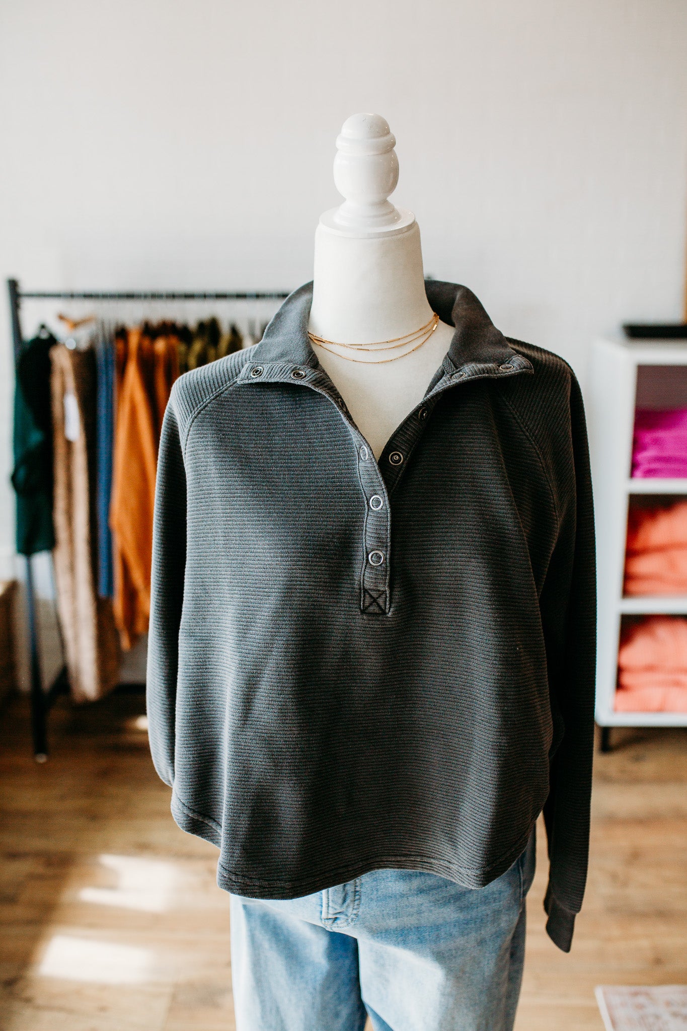 Charcoal Mock Neck Button