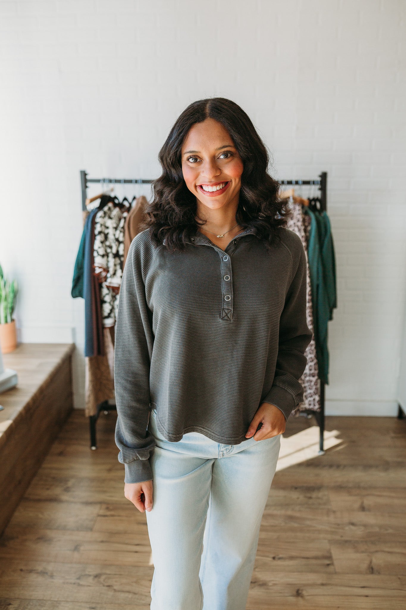 Charcoal Mock Neck Button