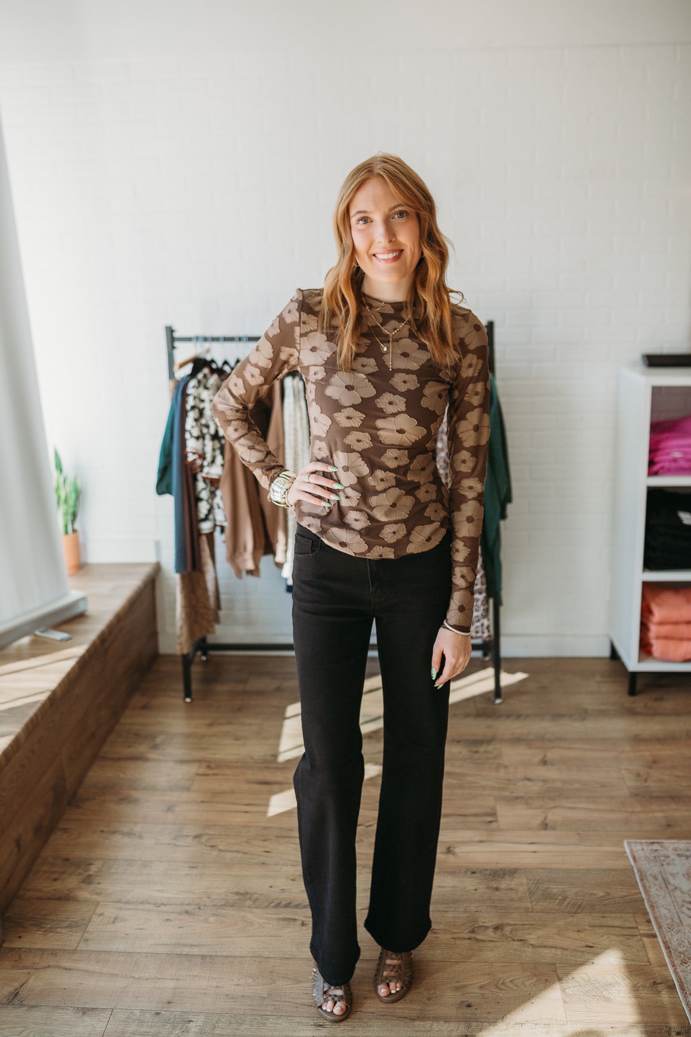 Brown Floral Jacquard Top