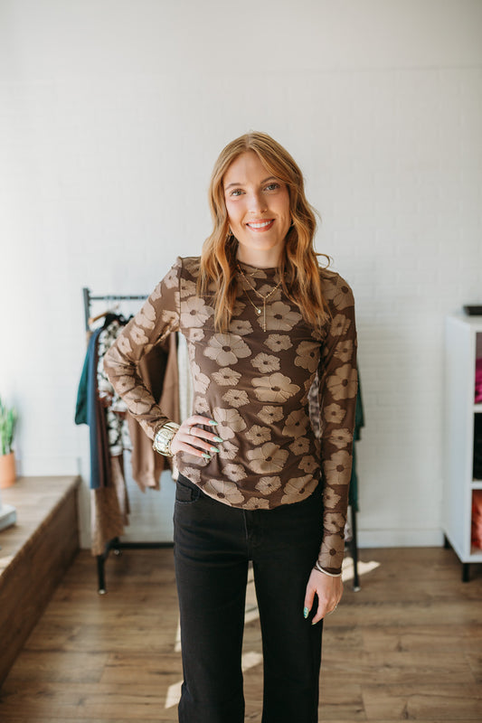 Brown Floral Jacquard Top