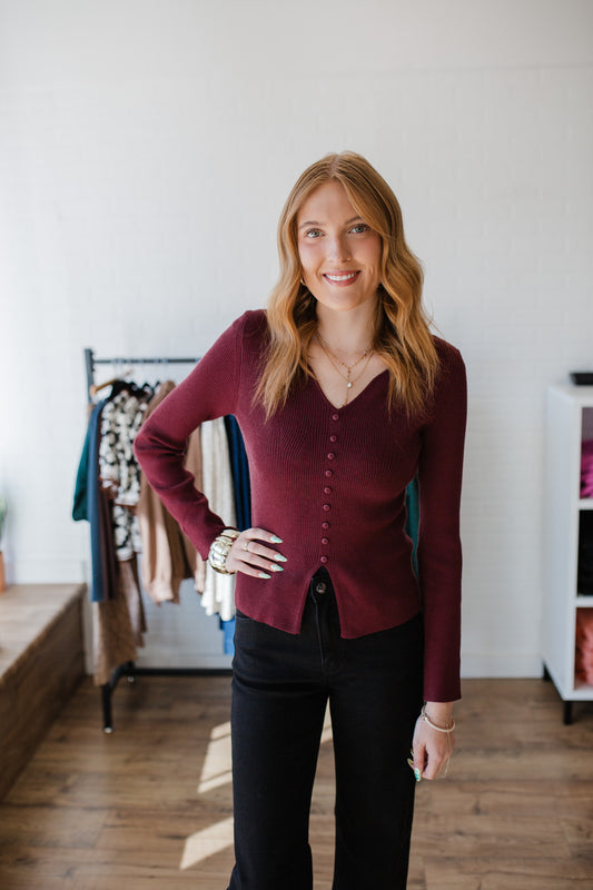 Wine Button Down Fitted Top