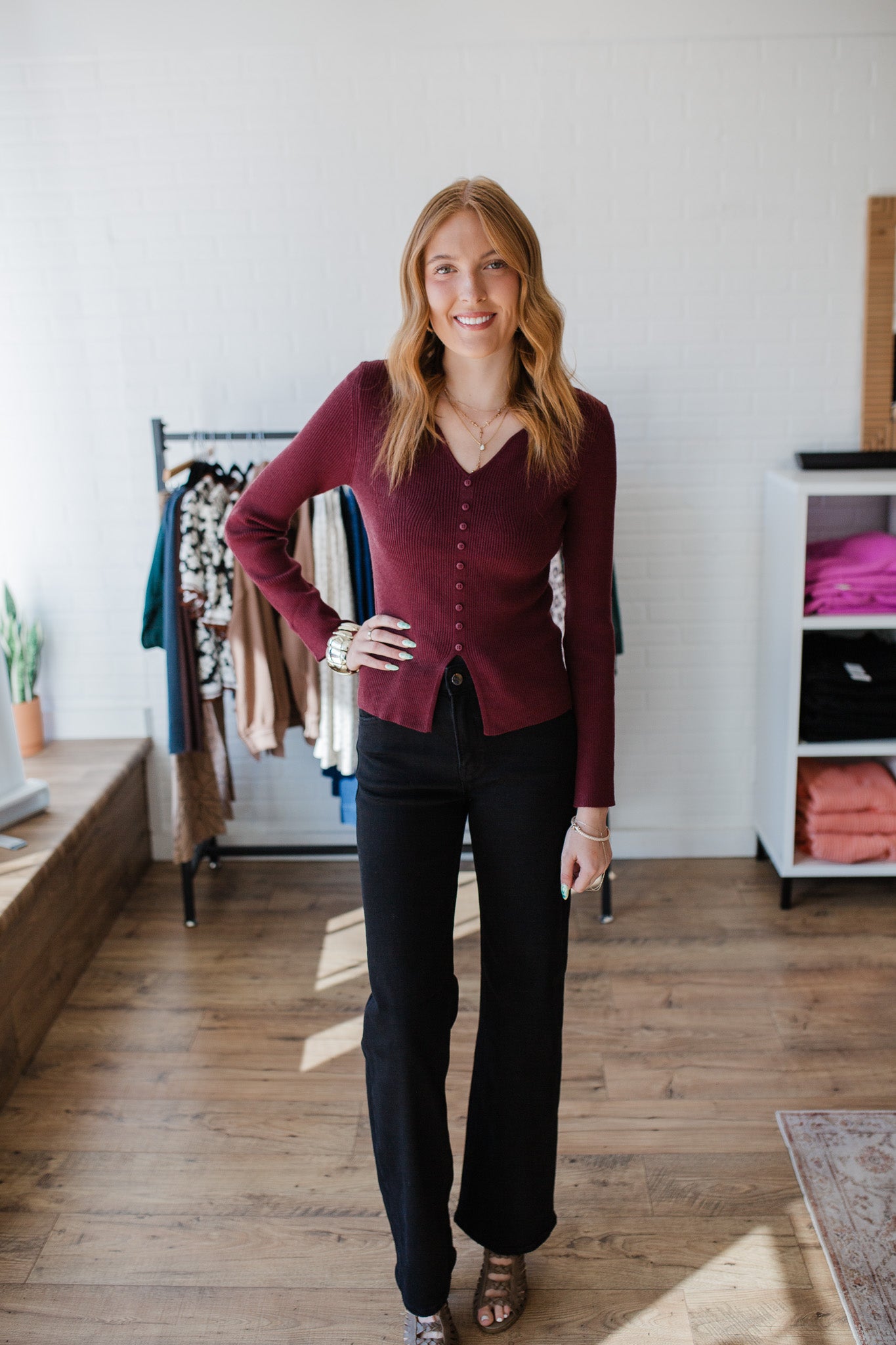 Wine Button Down Fitted Top