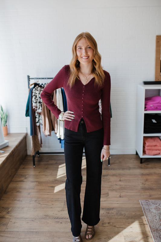 Wine Button Down Fitted Top