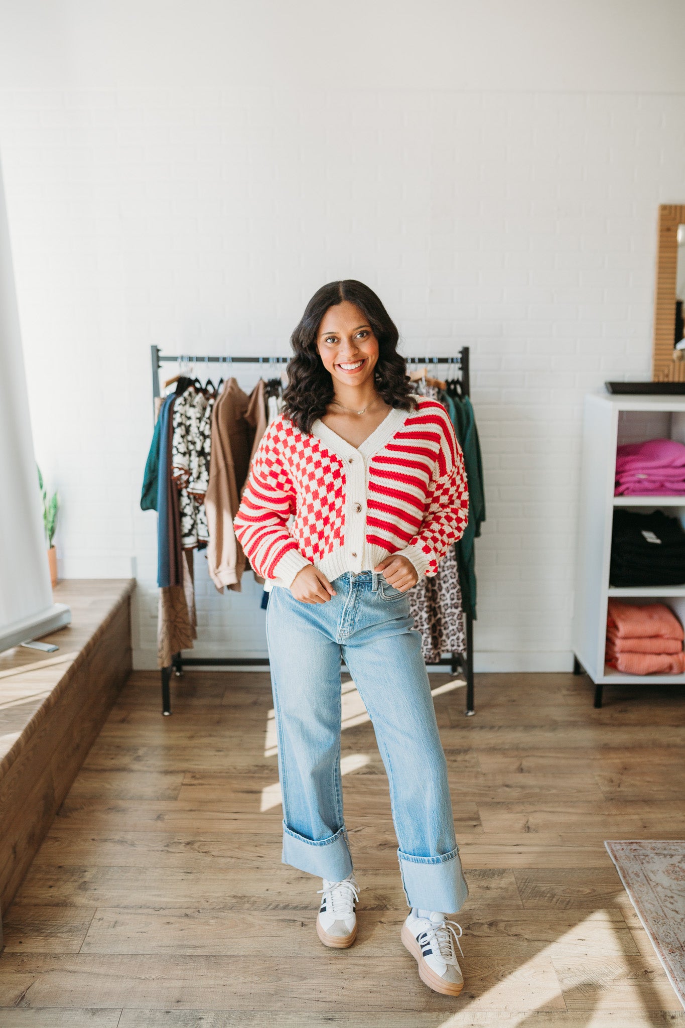 Ivory/Raspberry Striped Cardi