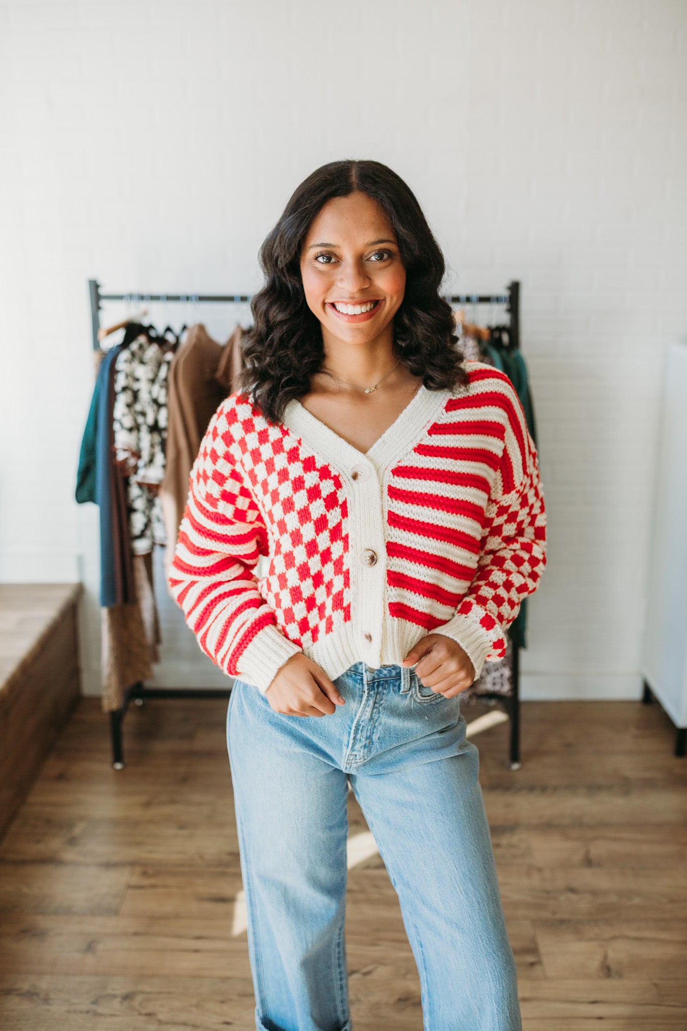 Ivory/Raspberry Striped Cardi