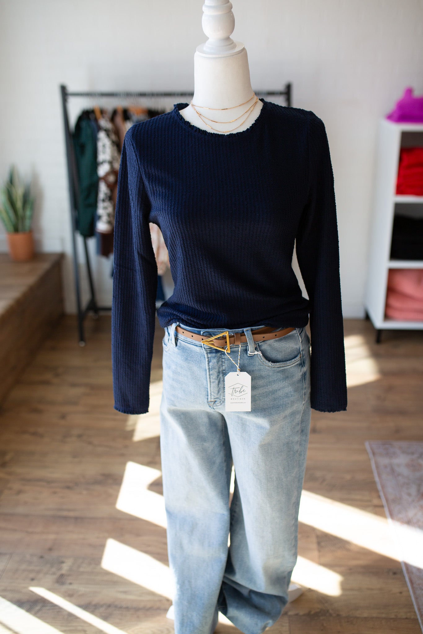 Navy Textured Trimmed Top