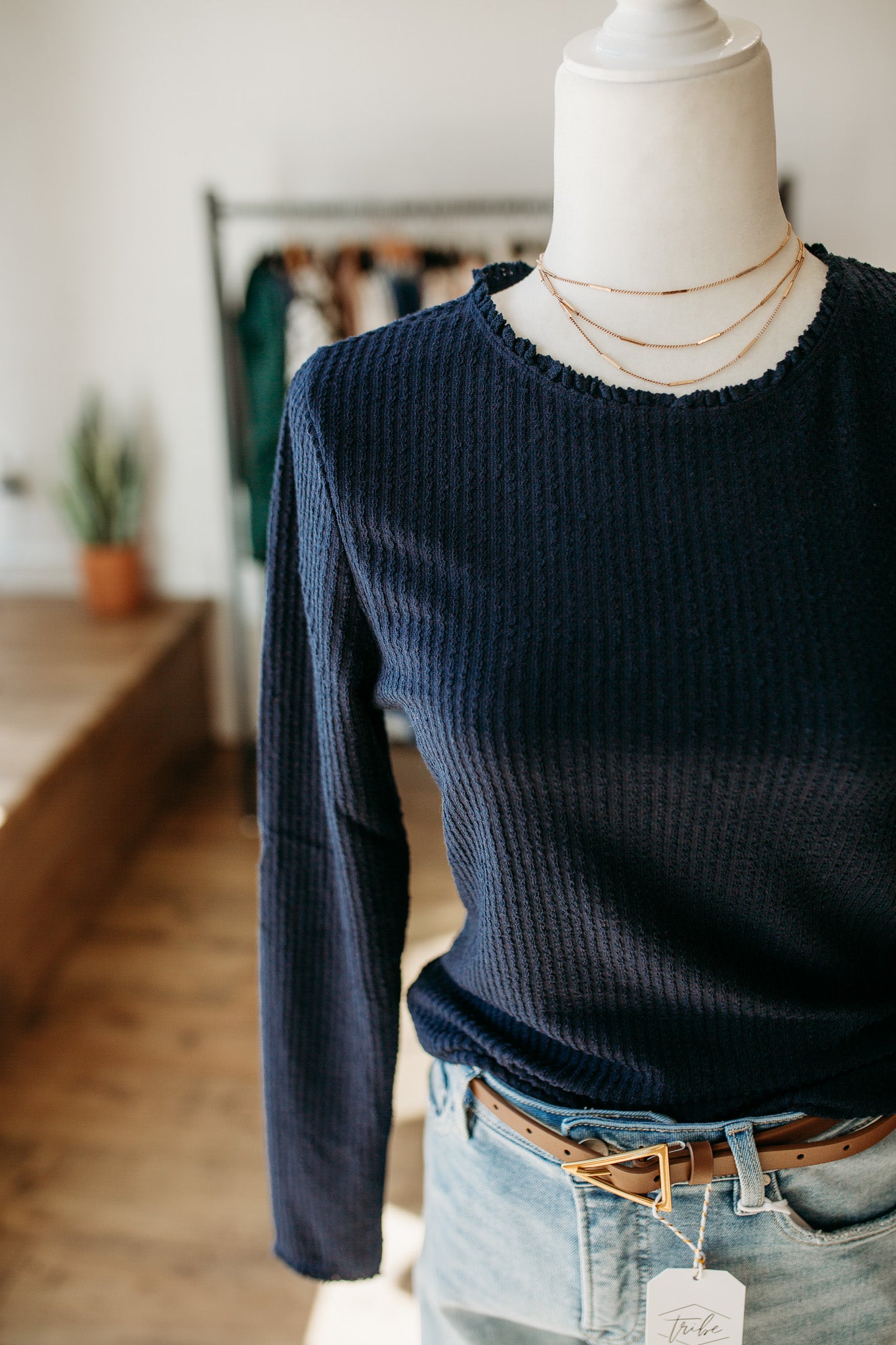 Navy Textured Trimmed Top