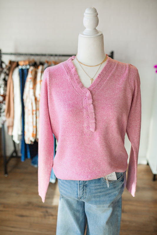 Pink Ruffle Half Button Sweater