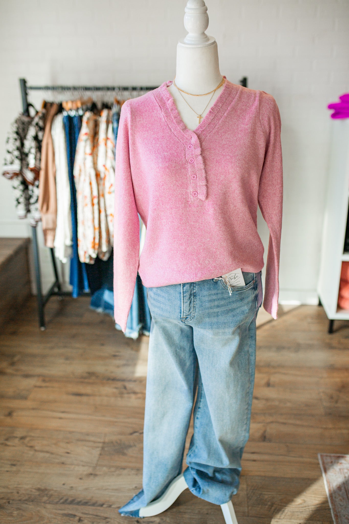 Pink Ruffle Half Button Sweater