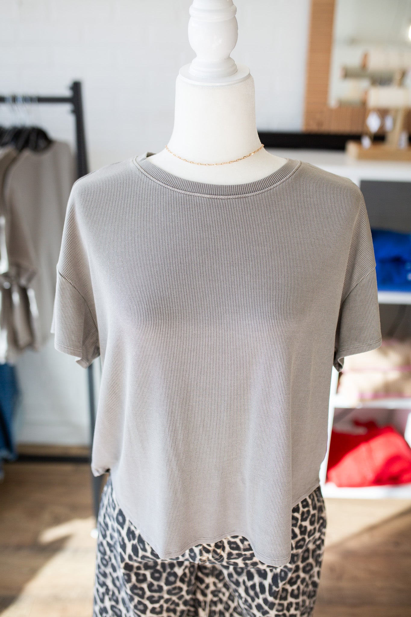 Grey Brown/Natural Ribbed Boxy Top