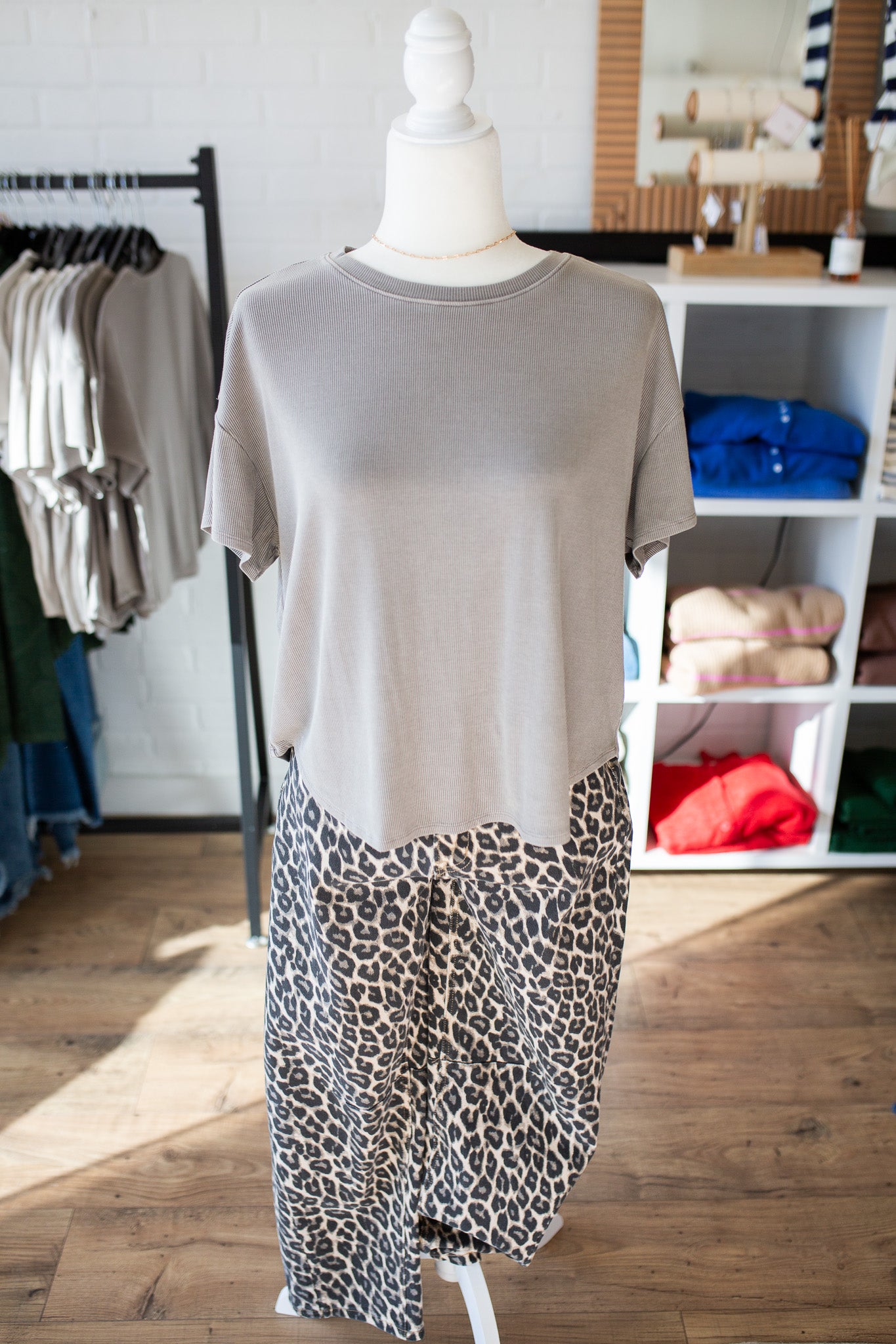 Grey Brown/Natural Ribbed Boxy Top