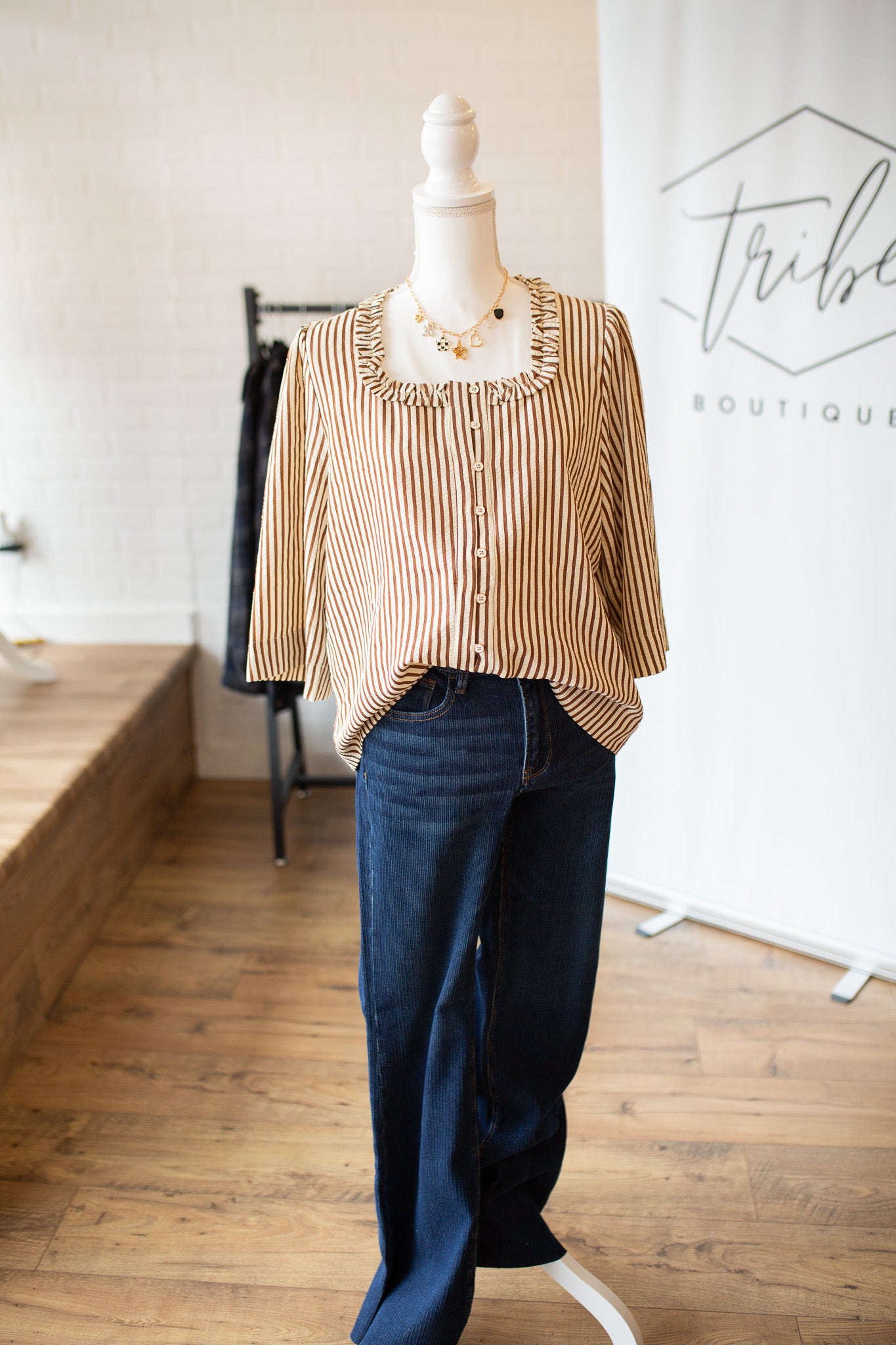 Brown Button Down Stripe Top