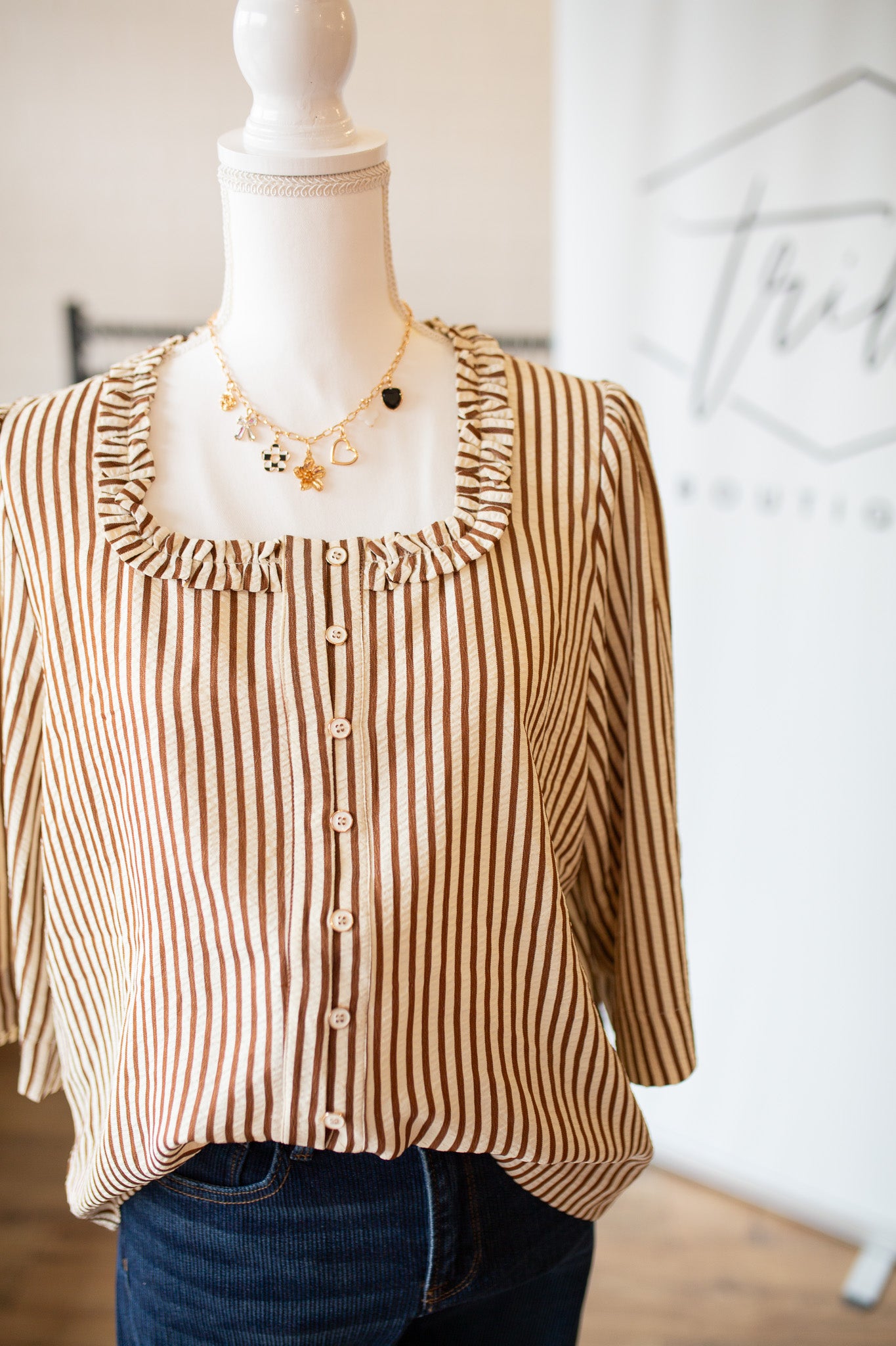 Brown Button Down Stripe Top
