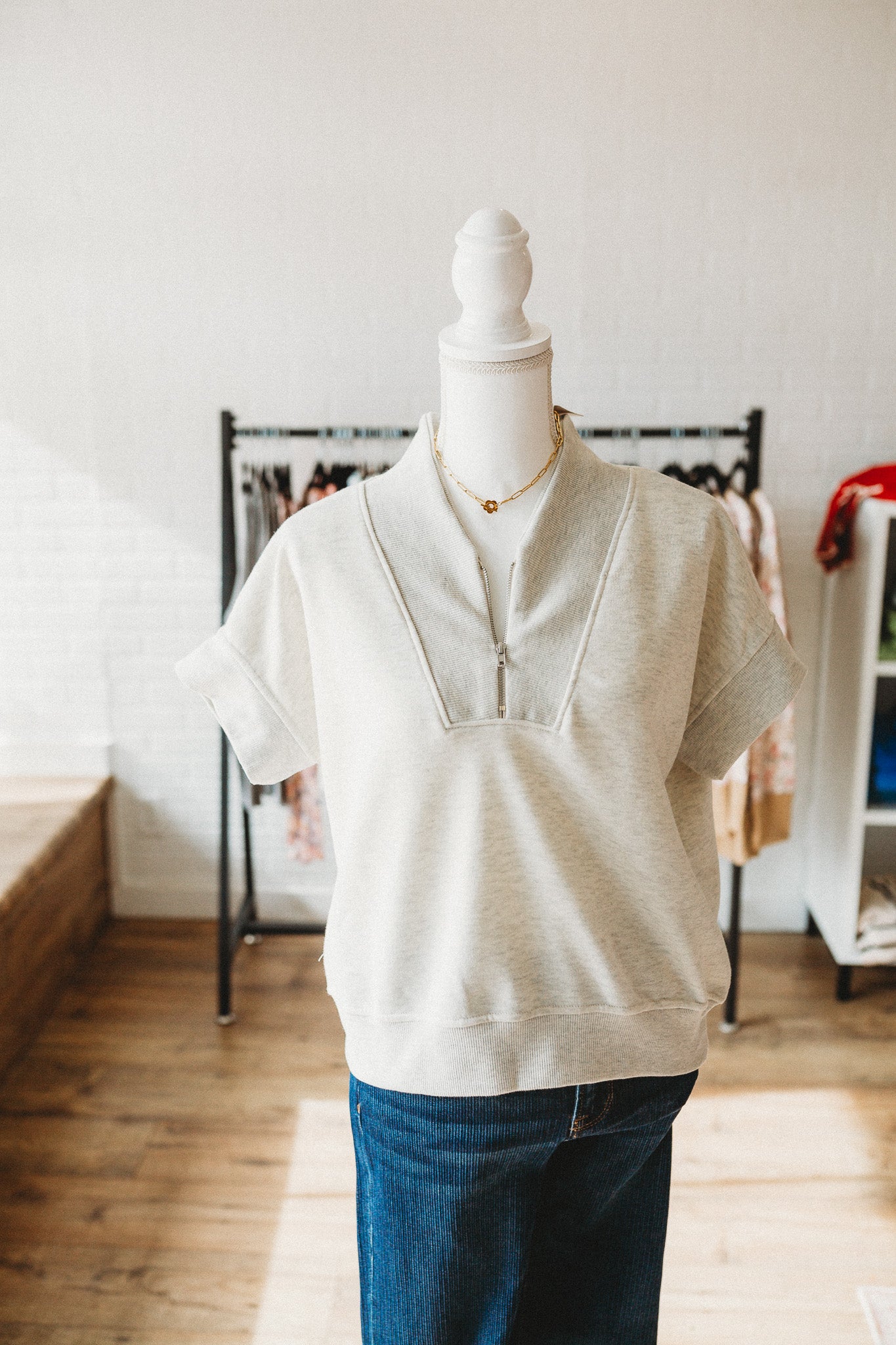 Melange V-Neck Zip Top