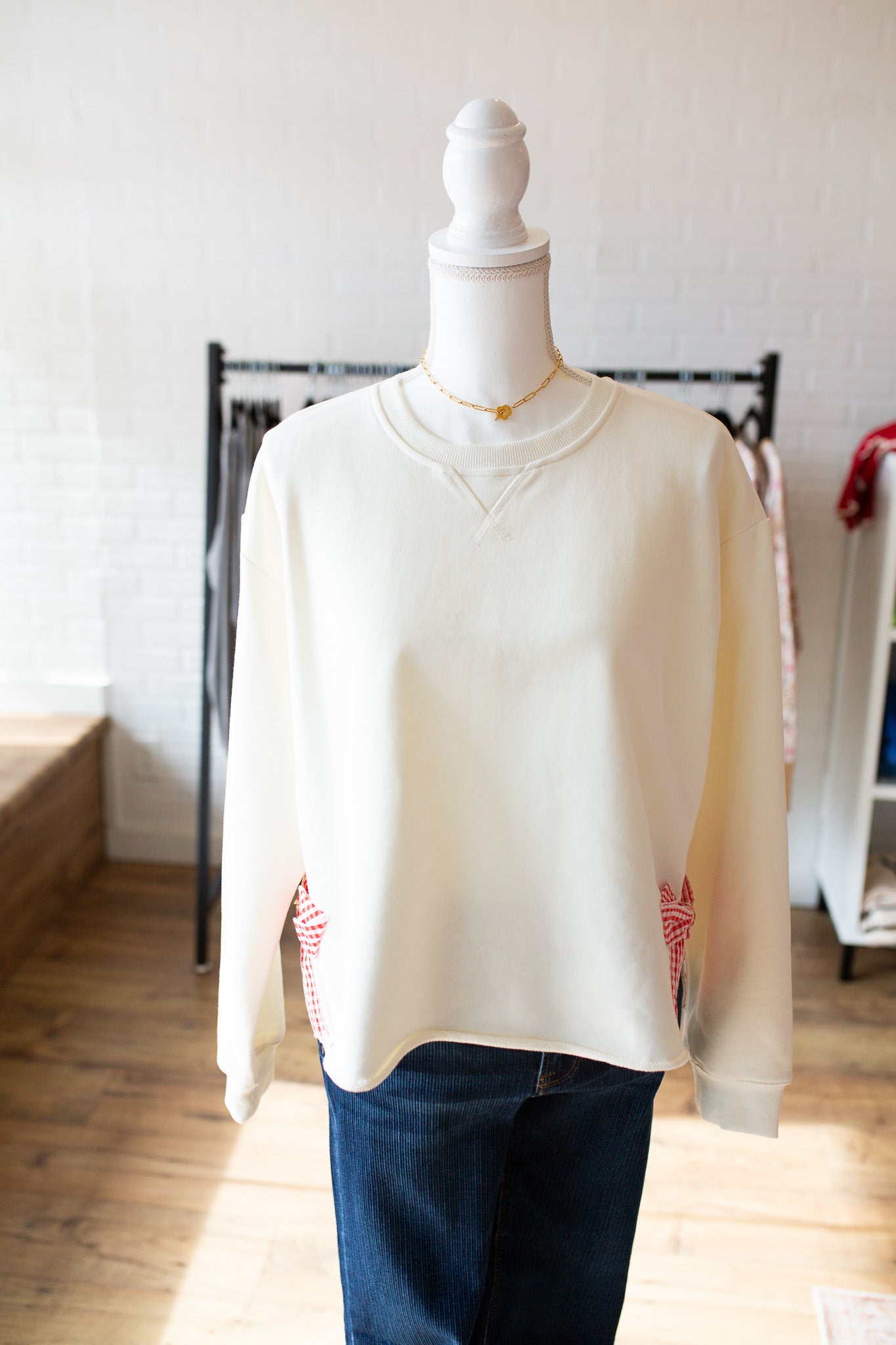 Off White Gingham Bow Pullover