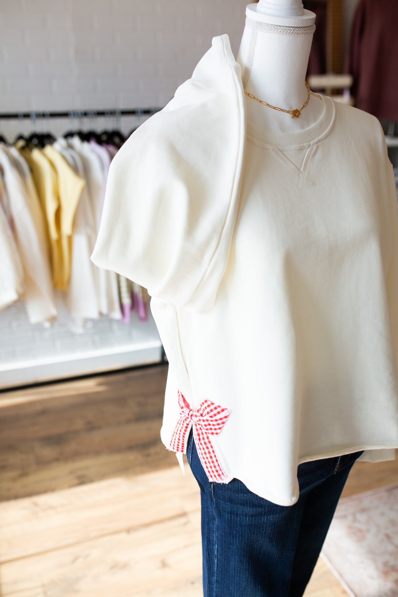 Off White Gingham Bow Pullover
