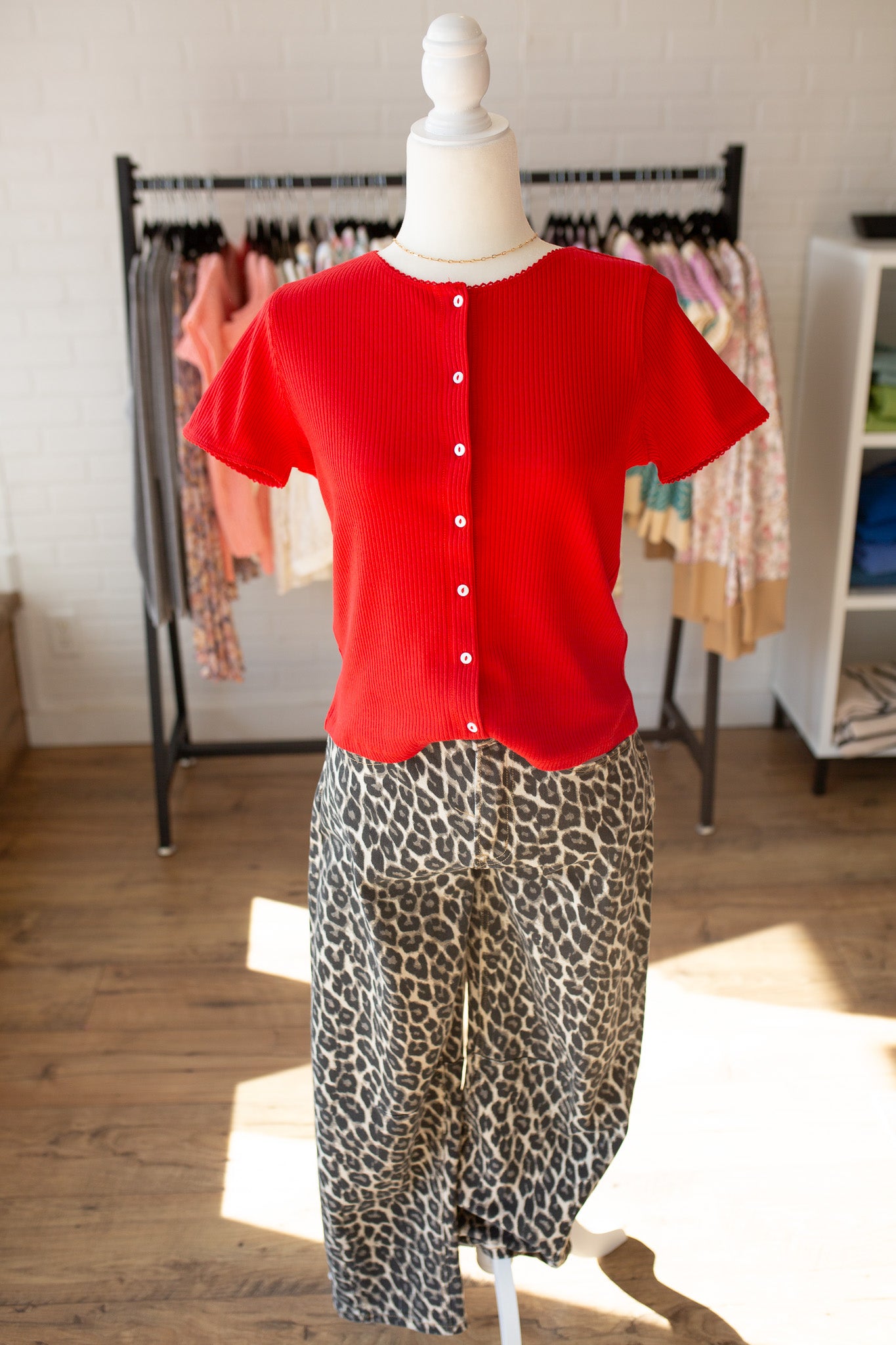 Cherry Ribbed Button Up