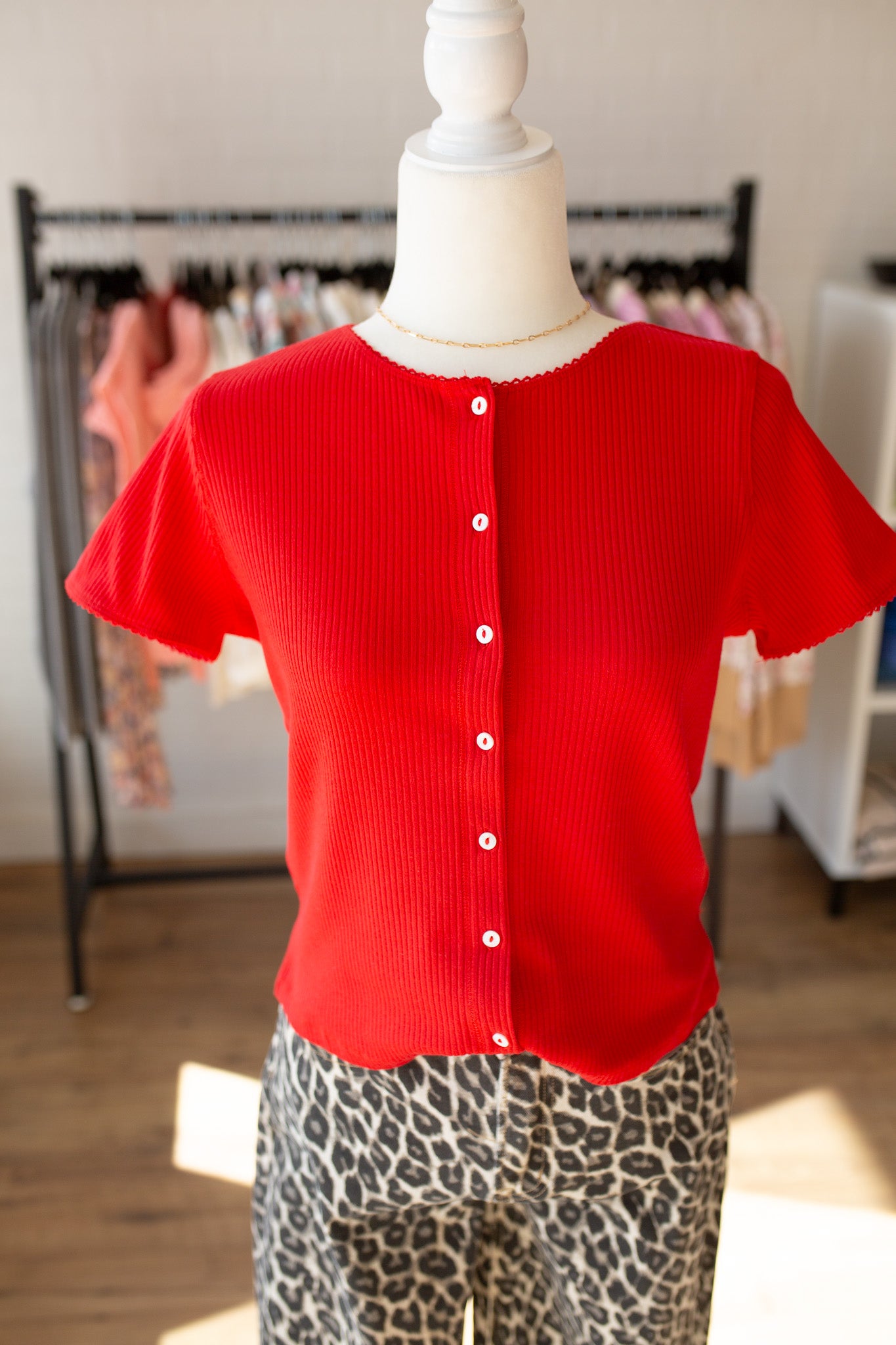 Cherry Ribbed Button Up