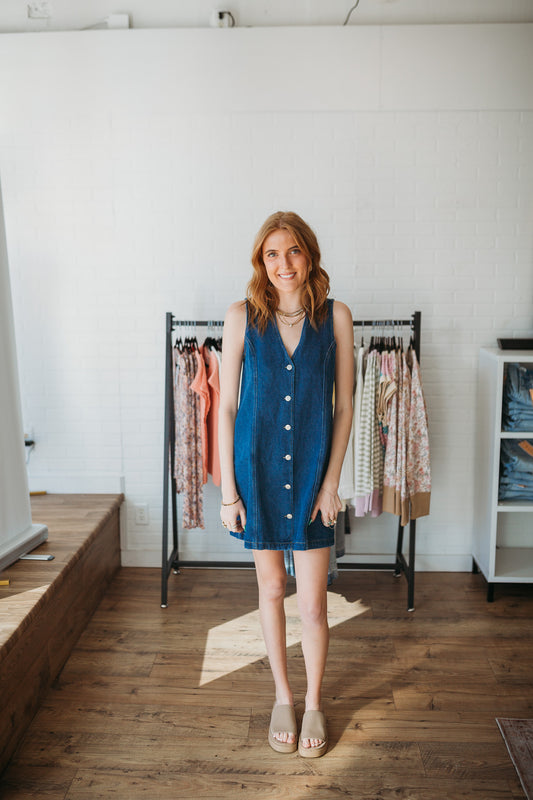 V-Neck Button Denim Dress