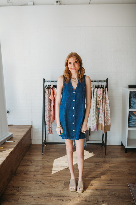 V-Neck Button Denim Dress
