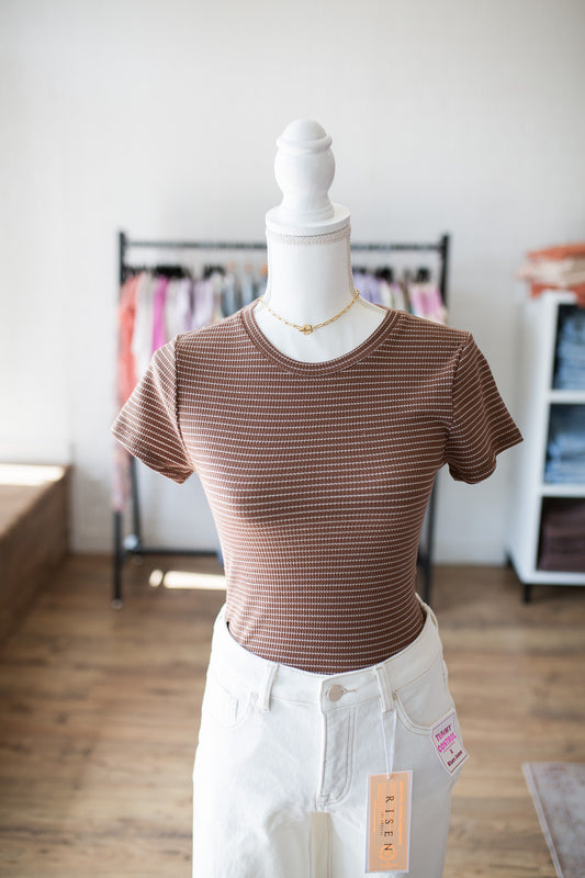 Brown Striped Ribbed Crew Neck