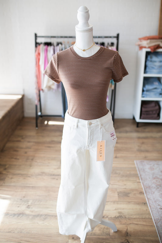 Brown Striped Ribbed Crew Neck