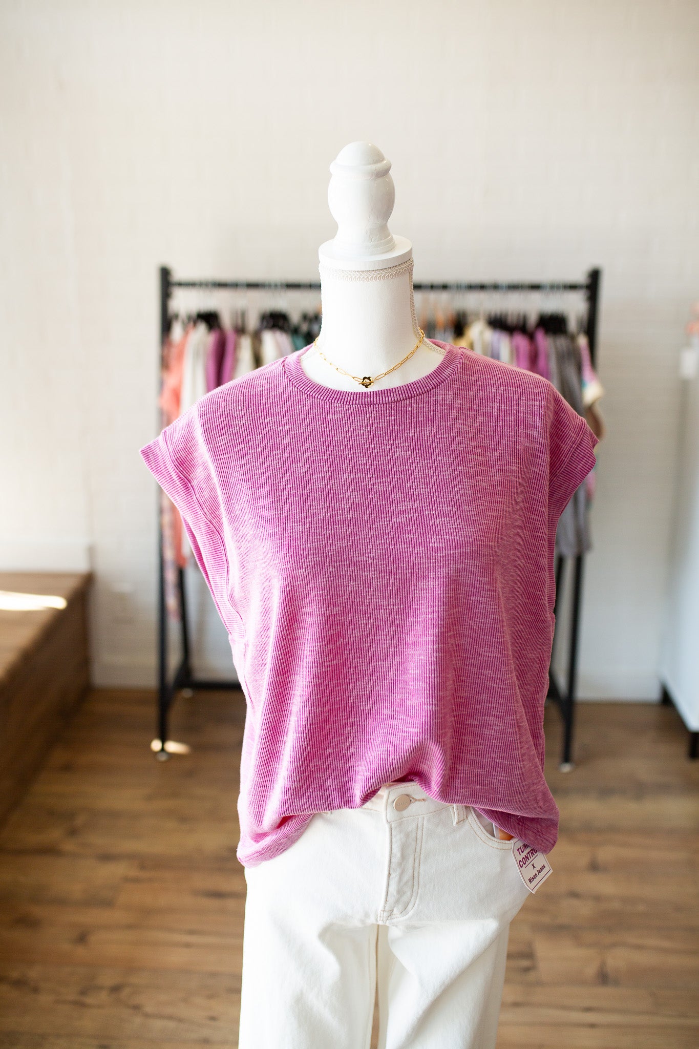 Magenta Drop Shoulder Ribbed Top