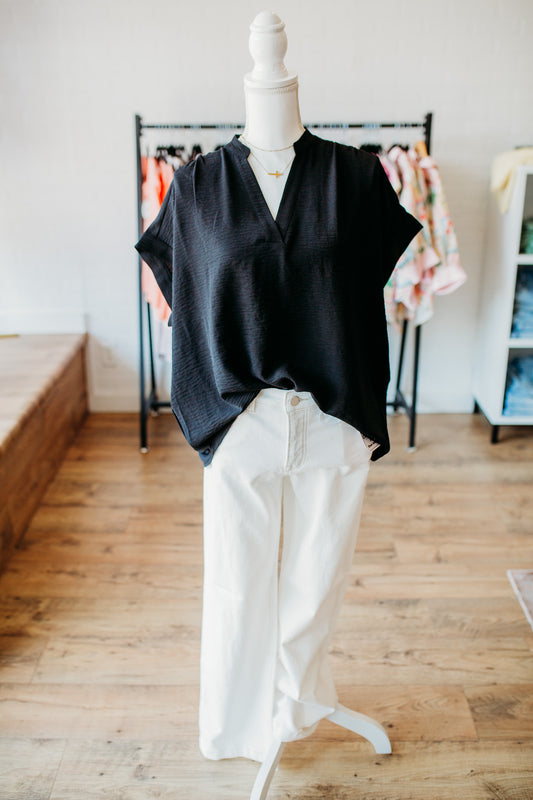 Black Crinkle V-Neck