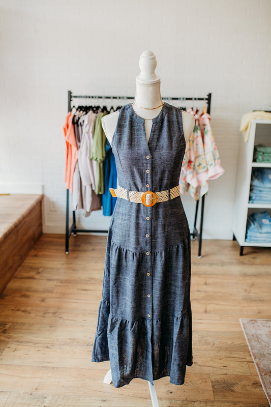 Navy Tiered Belted Dress