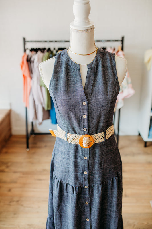 Navy Tiered Belted Dress