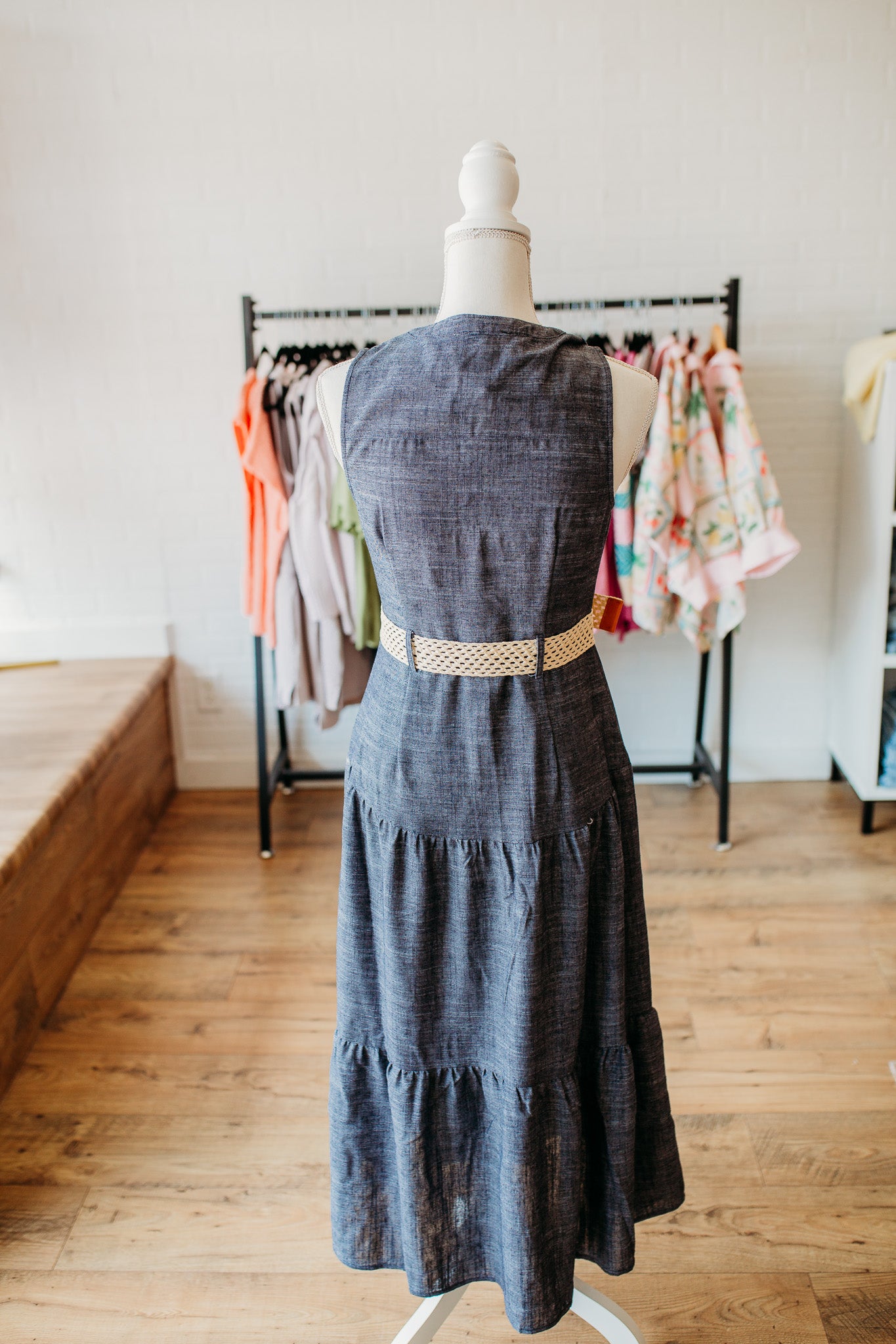 Navy Tiered Belted Dress